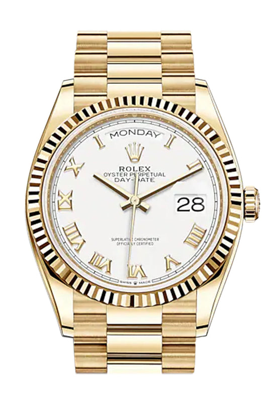 RLX Day-Date 36 White Roman Dial 18K Yellow Gold Watch 128238